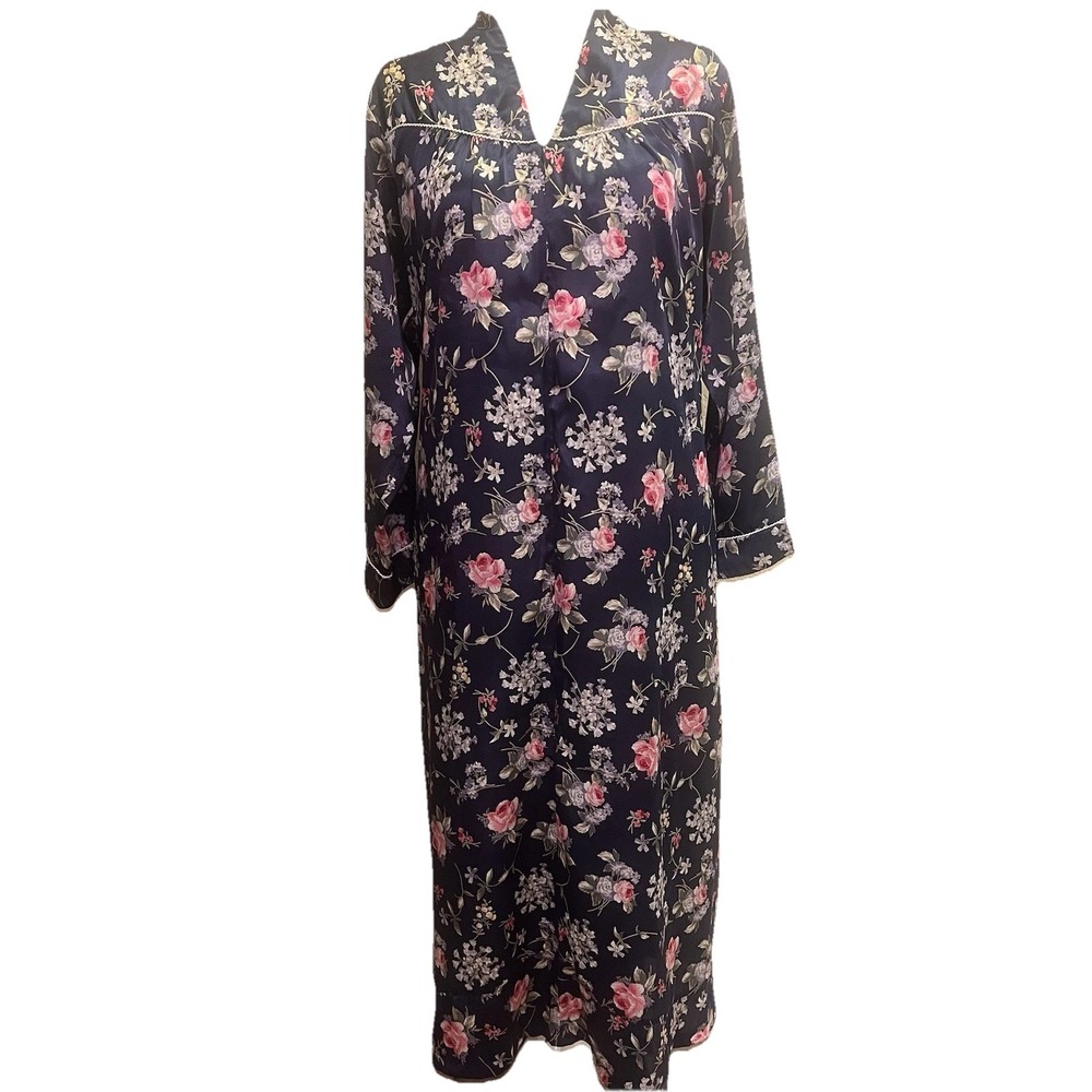 Christian Dior House Dress Muumuu Vtg Maxi Zip Up Kaftan Navy Floral 80s Medium